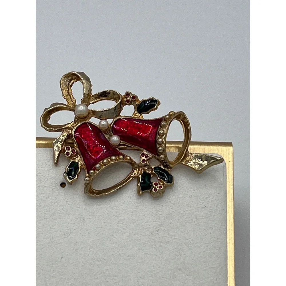 Vintage Christmas Bell Brooch Pin Holiday Jewelry Red Enamel Gold Tone